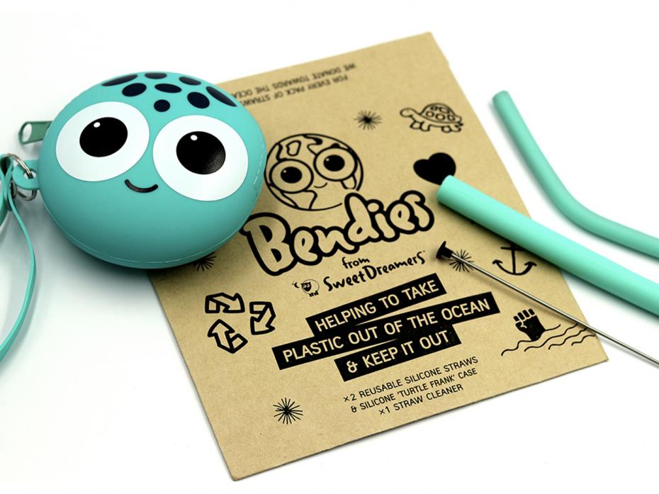 Bendies Turtle Frank Eco Straws, Cleaning Tool,  Silicone Pouch and Packaging